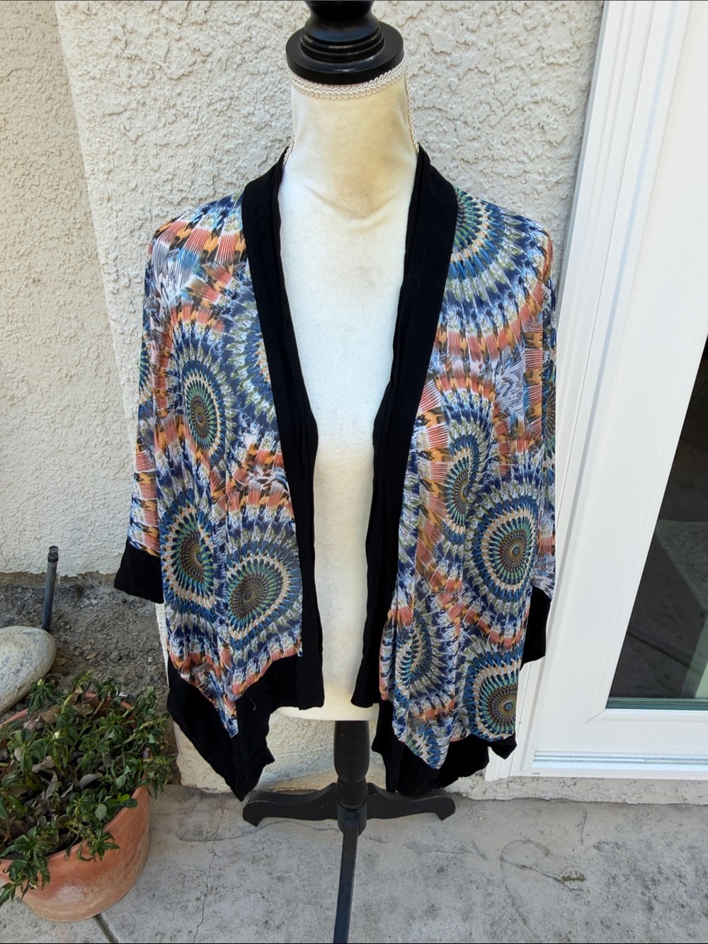 Hazel Women's Boho Blue Swirl Open Front Cover Up Size S
